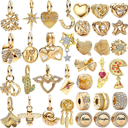 925 Sterling Silver Gold Heart and Maple Leaf Charms Sparkling Zircon Pendant for Women DIY Bracelet Fine Jewelry Gift