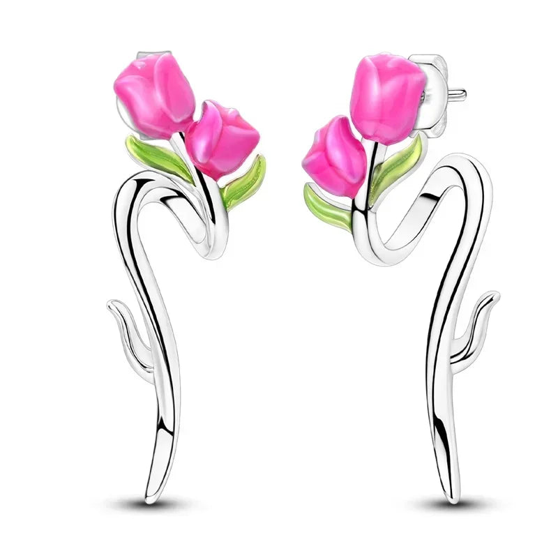 925 Sterling Silver Tulip Hoop Earrings with Dragonfly Firefly Bow Shell Conch and Turtle Designs Fine Jewelry Gifts for Women