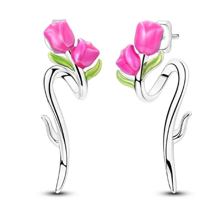 925 Sterling Silver Tulip Hoop Earrings with Dragonfly Firefly Bow Shell Conch and Turtle Designs Fine Jewelry Gifts for Women