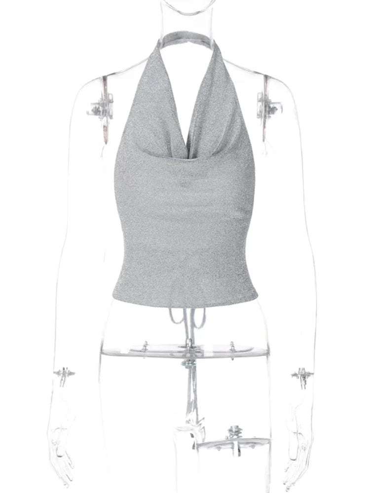 Y2K Sequin Lace Up Backless Halter Crop Top Vintage