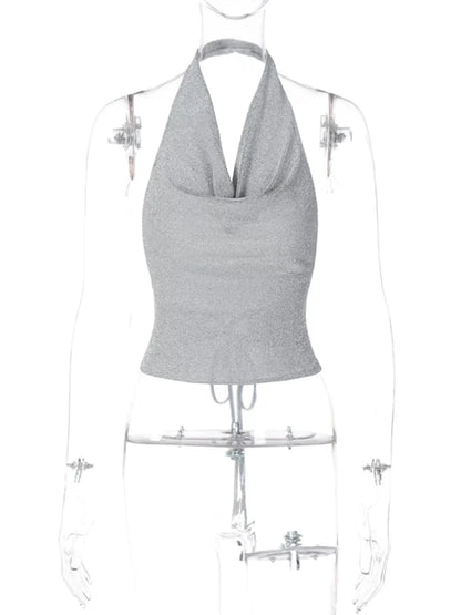 Y2K Sequin Lace Up Backless Halter Crop Top Vintage