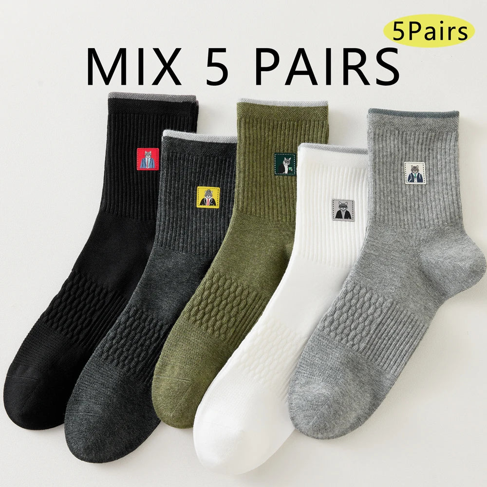 5 Pairs Men Cartoon Cat Mid Crew Cotton Socks Breathable