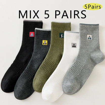 5 Pairs Men Cartoon Cat Mid Crew Cotton Socks Breathable