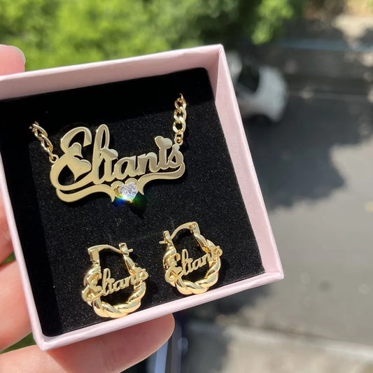 Duoying Personalized Heart Jewelry Set for Children Stainless Steel Nameplate Necklace and Mini Hoop Earrings