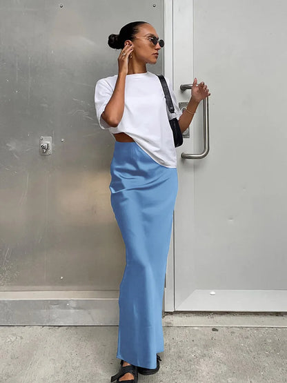 Satin Black Trumpet Skirt Women High Waist Long Office Wear