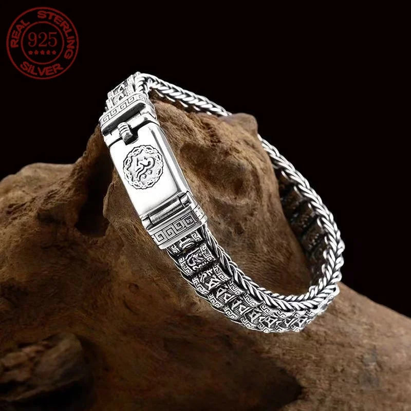Vintage Silver Six-Character Mantra Bracelet for Men and Women