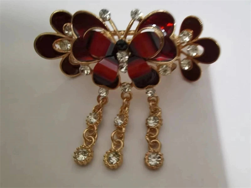 Elegant Red Crystal Flower Bow Hairpin With Vintage Blue Rhinestones