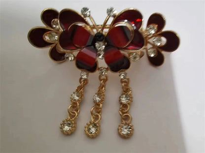 Elegant Red Crystal Flower Bow Hairpin With Vintage Blue Rhinestones