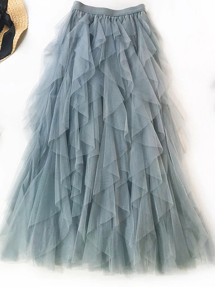 Korean Style Tutu Tulle Long Maxi Skirt For Women High Waist