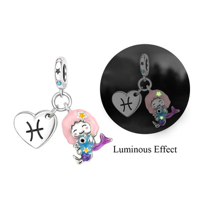 925 Sterling Silver Zodiac Charms with Luminous Stars Zircon Pendants for DIY Bracelets Fine Jewelry Gift