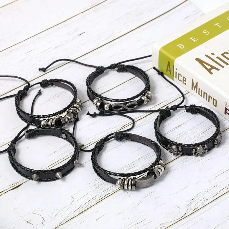 Punk Style Braided Bracelet Set of 5 with PU Leather and Beads