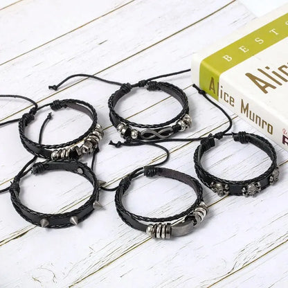 Punk Style Braided Bracelet Set of 5 with PU Leather and Beads