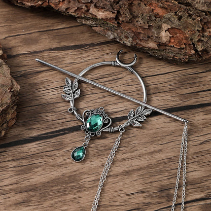 Retro Viking Crescent Leaf Gemstone Glass Hairpin Unique Scandinavian Hair Accessory Perfect Gift for Her