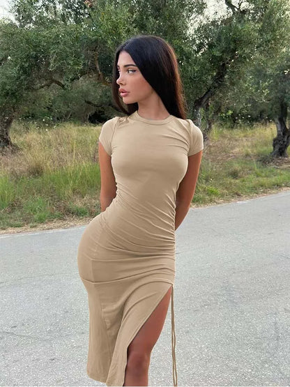 Apricot Side Slit Pleated Knit Dress Drawstring For Women