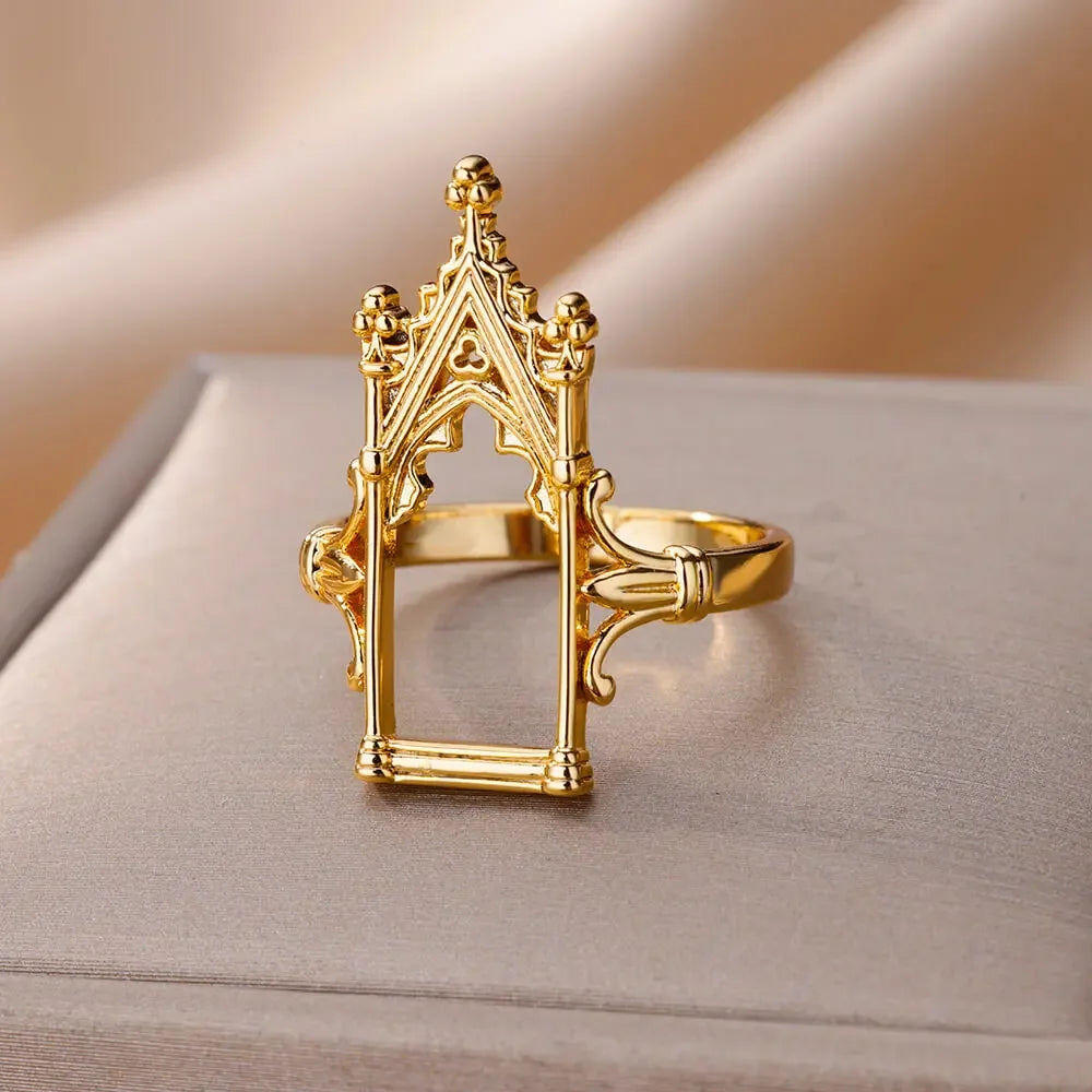 Gold Plated Stainless Steel Magic Mirror Rings for Women - Aesthetic Wedding Crown Design with Castle, Flower, and Leaf Motifs Luxury Jewelry