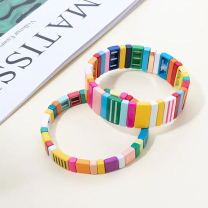 2024 Green Enamel Bracelets for Women - Elegant Beaded Elastic Bangles Accessories