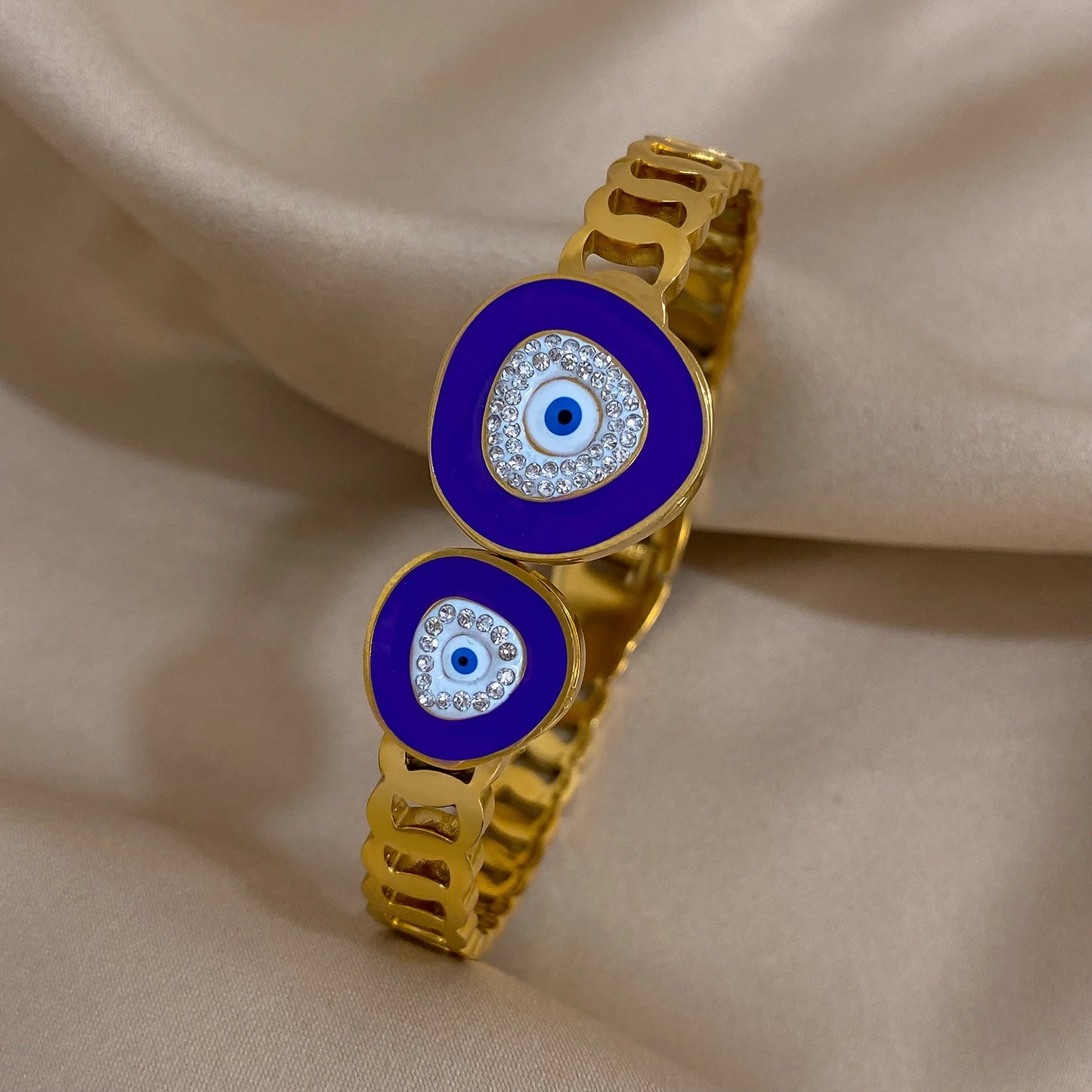 Flashbuy Boho Evil Eye Stainless Steel Bangles for Women with Enamel Rhinestones Gold Plated Waterproof Fashion Jewelry Gift