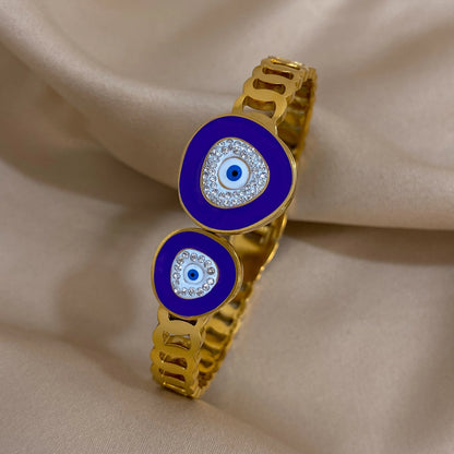 Flashbuy Boho Evil Eye Stainless Steel Bangles for Women with Enamel Rhinestones Gold Plated Waterproof Fashion Jewelry Gift