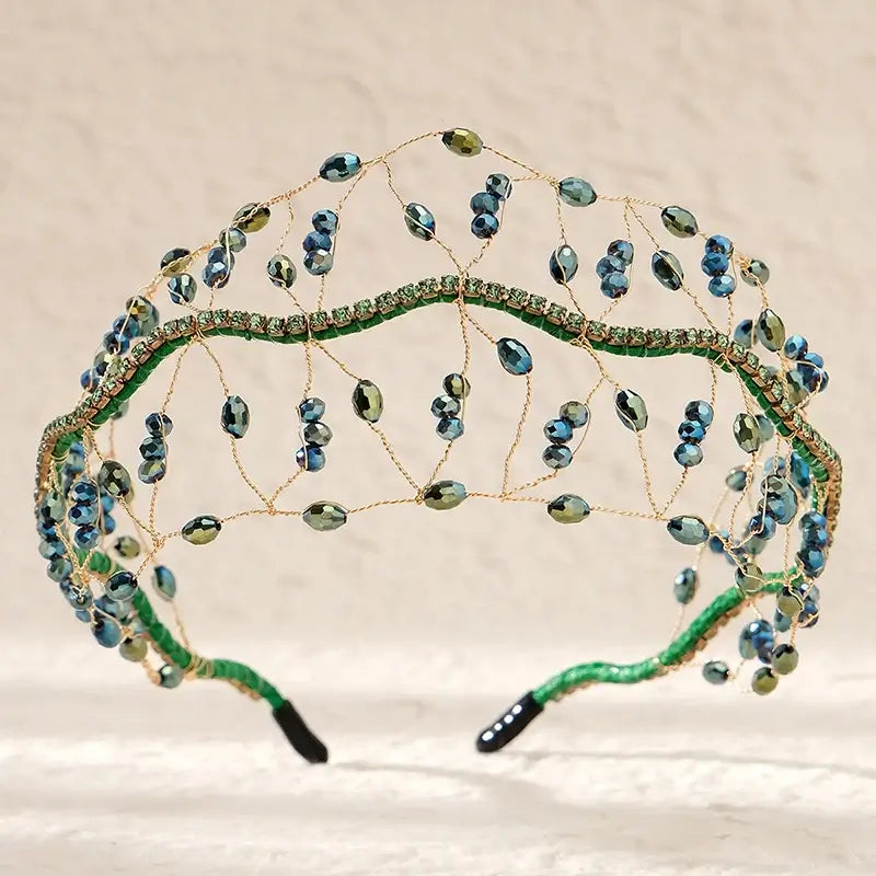 Women Luxury Crystal Bead Bridal Headband Royal Crown Tiara