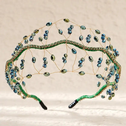 Women Luxury Crystal Bead Bridal Headband Royal Crown Tiara