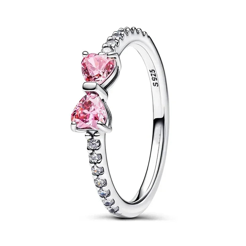 Original 925 Sterling Silver Pink Zircon Bow Jewelry Set Including Ring Earrings Bracelet and Necklace Fine Gift for Women