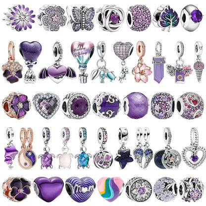 925 Sterling Silver Purple Star Animal Heart Flower Charms Beads for DIY Necklace and Bracelet Jewelry Gift