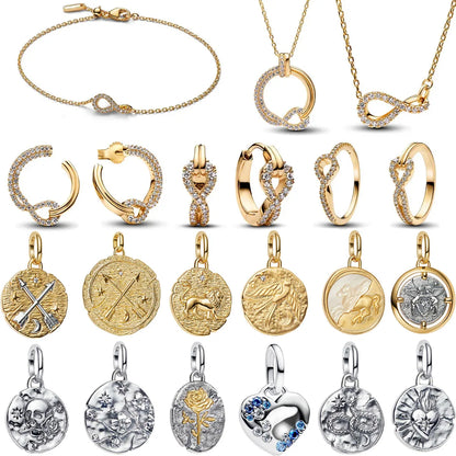 925 Sterling Silver Golden Geometry Charm Set with Heart Star Zircon Beads for DIY Womens Jewelry Gift