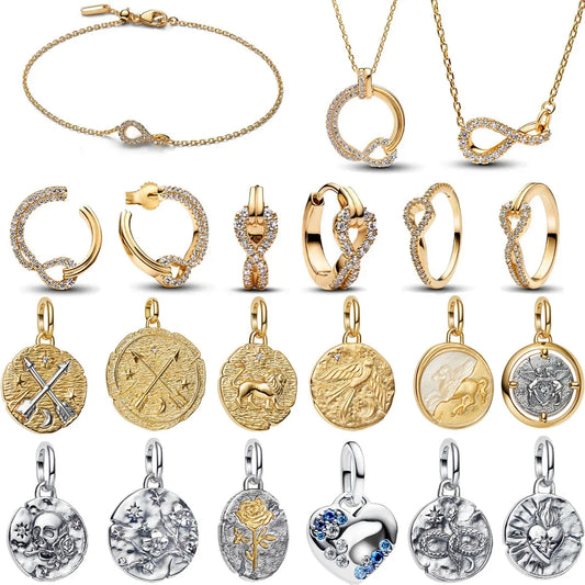 925 Sterling Silver Golden Geometry Charm Set with Heart Star Zircon Beads for DIY Womens Jewelry Gift
