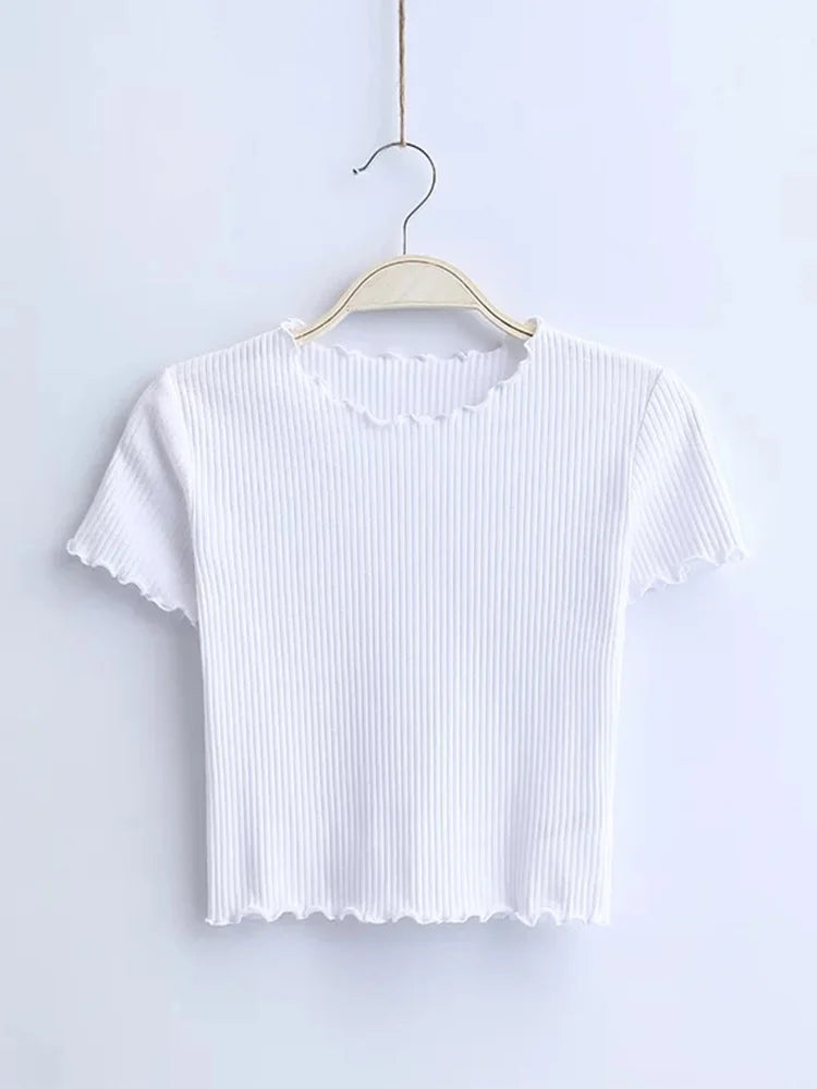 Vintage Ribbed O Neck Tee for Women Slim Fit Short Sleeve