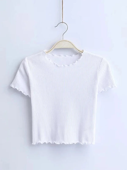 Vintage Ribbed O Neck Tee for Women Slim Fit Short Sleeve