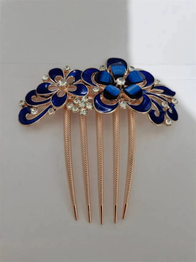 Elegant Red Crystal Flower Bow Hairpin With Vintage Blue Rhinestones