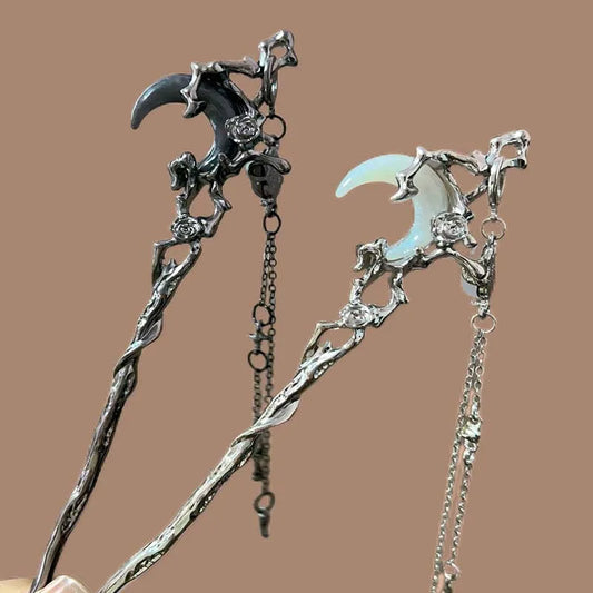 Elegant Black Crystal Moon Tassel Hair Stick For Women Retro Floral Hanfu Hairpin