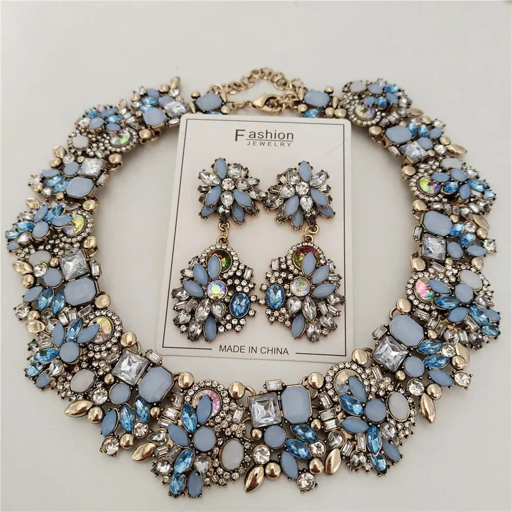 Indian Ethnic Crystal Rhinestone Necklace Earrings Set for Bridal 2024 Jelly Blue Sets