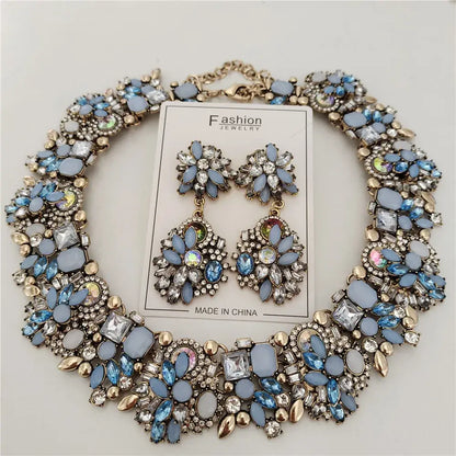Indian Ethnic Crystal Rhinestone Necklace Earrings Set for Bridal 2024 Jelly Blue Sets