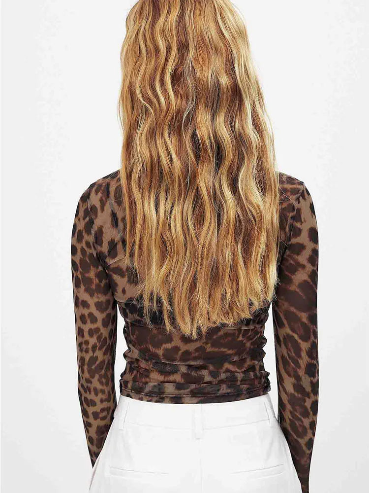 Women Mesh Leopard Crop Top Long Sleeve Slim Fit Streetwear