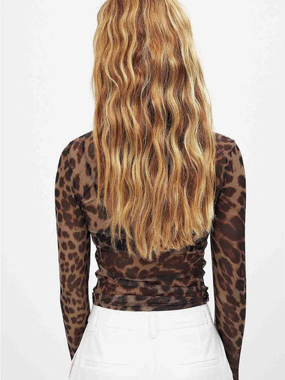 Women Mesh Leopard Crop Top Long Sleeve Slim Fit Streetwear