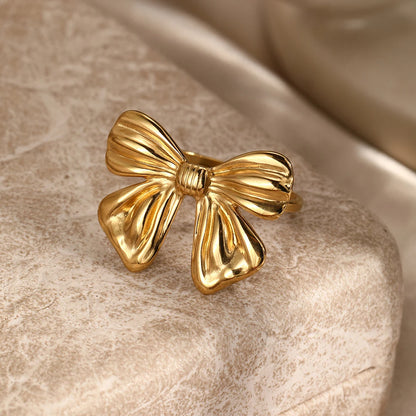 Elegant 18K Gold Plated Bow Ring for Women Stainless Steel Jewelry Gift