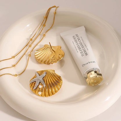 Ocean-Inspired Gold Starfish Shell Stud Earrings for Women
