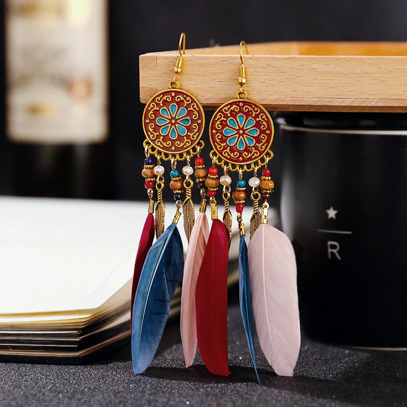 Bohemian Long Feather Drop Earrings with Tassel Beads and Enamel Flowers for Women