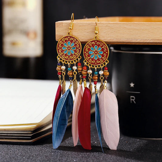 Bohemian Long Feather Drop Earrings with Tassel Beads and Enamel Flowers for Women