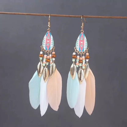 Bohemian Long Feather Drop Earrings with Tassel Beads and Enamel Flowers for Women