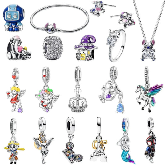 925 Sterling Silver Mermaid Angel Crown Charm Set with Zircon Beads Ring Earrings and Bracelet Jewelry Collection 2025