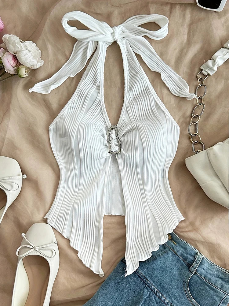 Sexy V Neck Halter Crop Top Women Sleeveless Backless Y2K