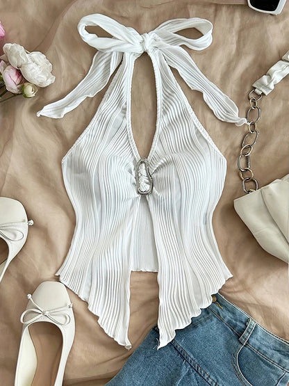 Sexy V Neck Halter Crop Top Women Sleeveless Backless Y2K