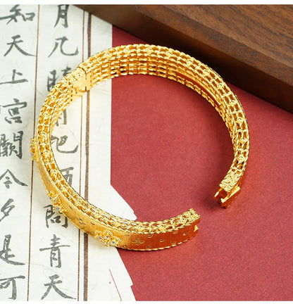 Exquisite 24K Pure Gold Women's Lucky Grass Palace Style Bracelet