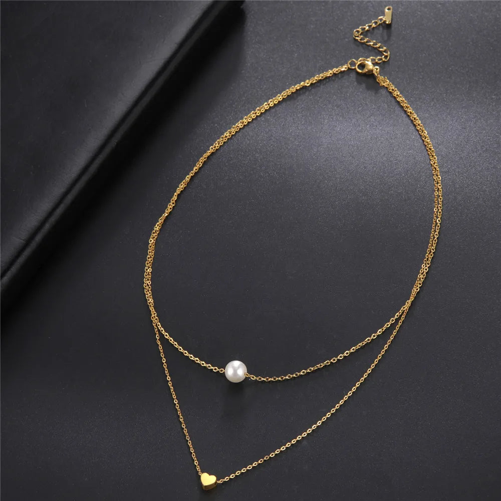 Skyrim Tiny Heart Choker Necklace Stainless Steel Double Layered Beads Chain Aesthetic Jewelry Gift for Women