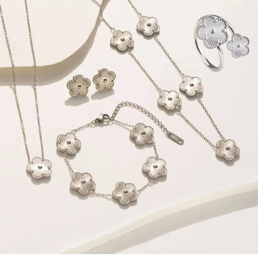 Luxury Stainless Steel Five Leaf Flower Jewelry Set for Women Featuring Bracelet Necklace Earrings and Rings