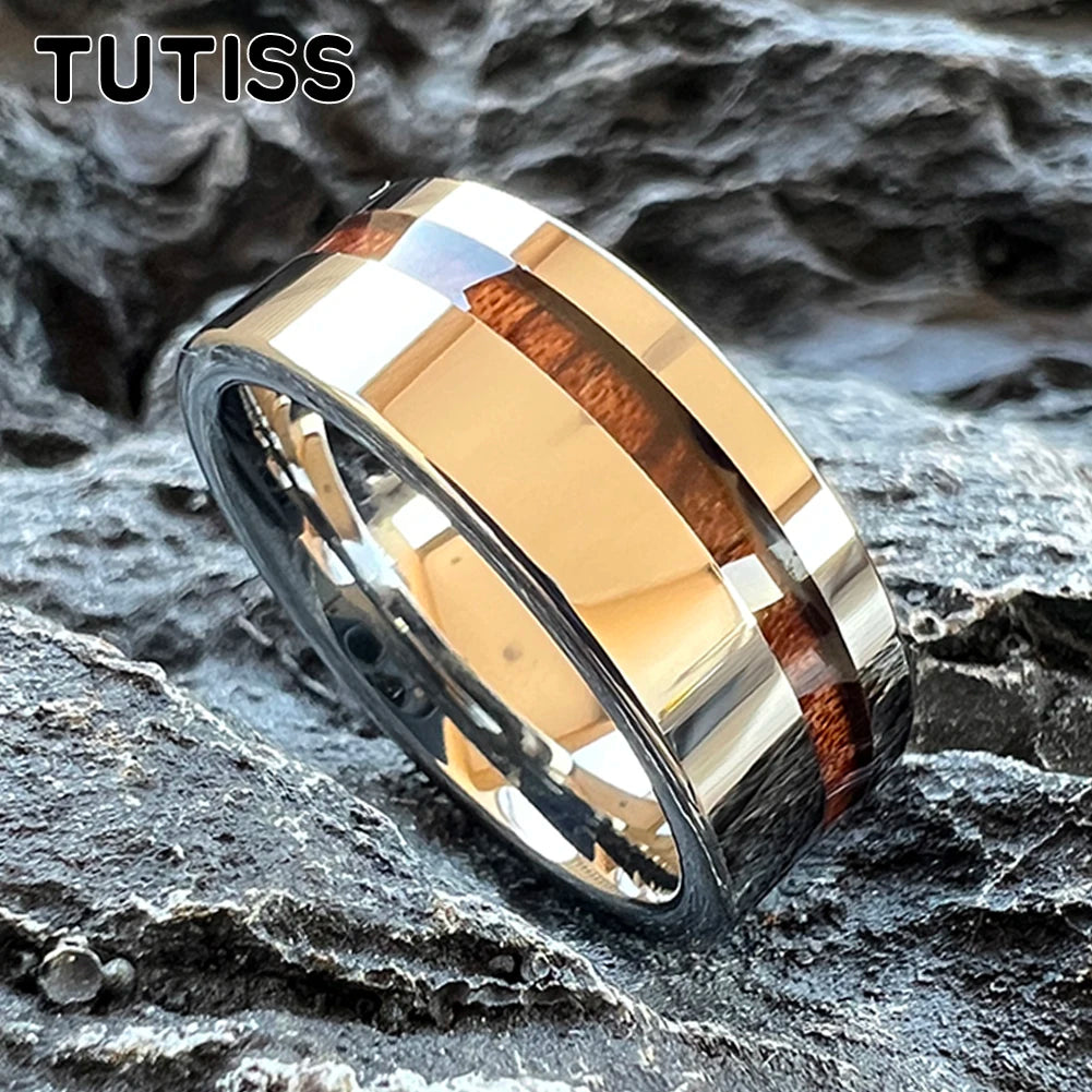 TUTISS Tungsten Couple Ring with Real Wood Inlay and Comfort Fit Wedding Band