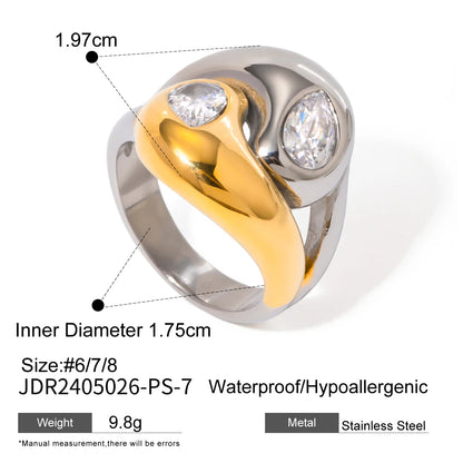 Uworld Fashion 18K Gold Plated Stainless Steel Sun Pearl Zircon Ripple Ring for Women