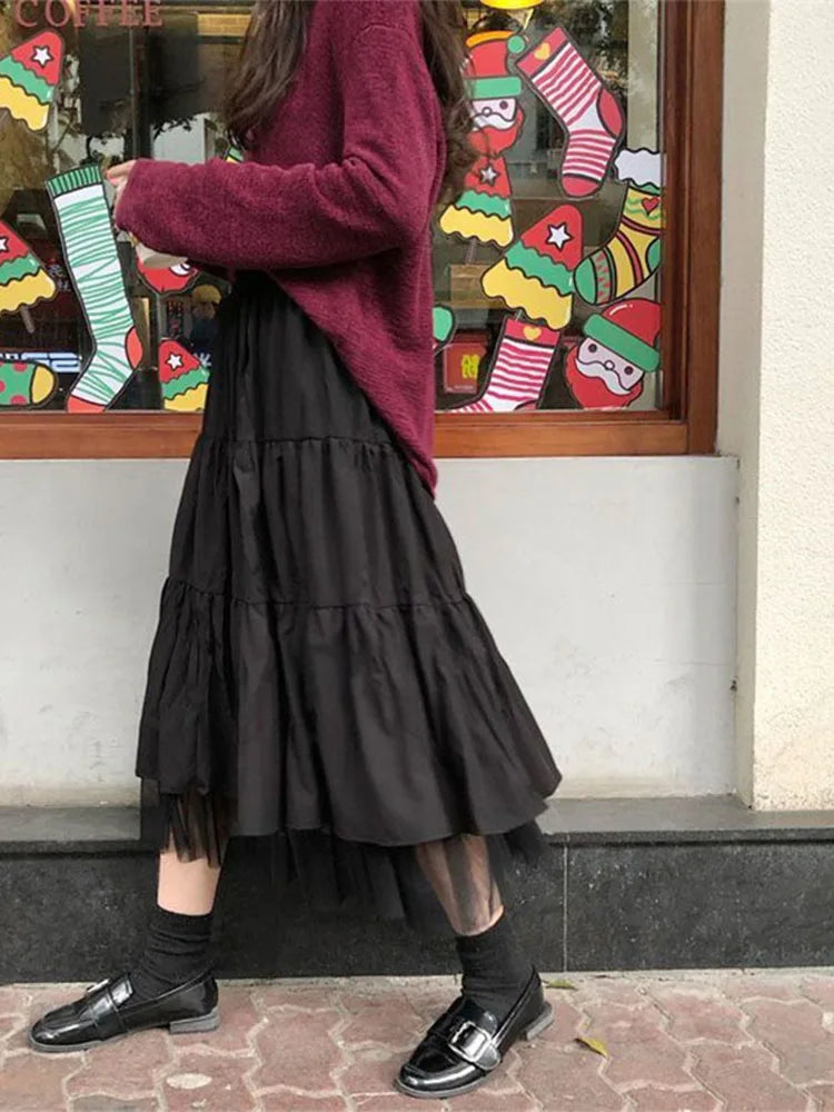 Autumn 2024 Long Tulle Midi Skirt Women Elastic Waist